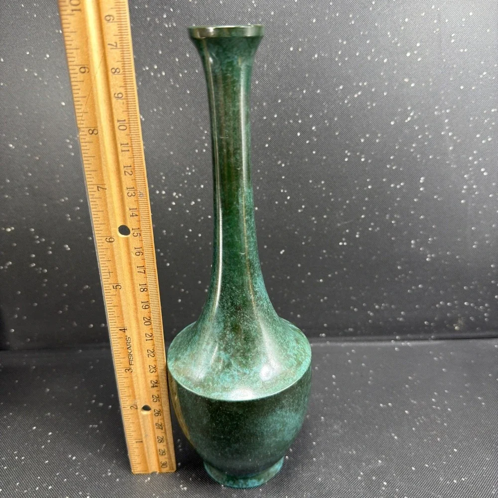 Vintage 1967 Japanese Verdigris Bud Vase Long Neck Mid Century Modern 9.5Inch
